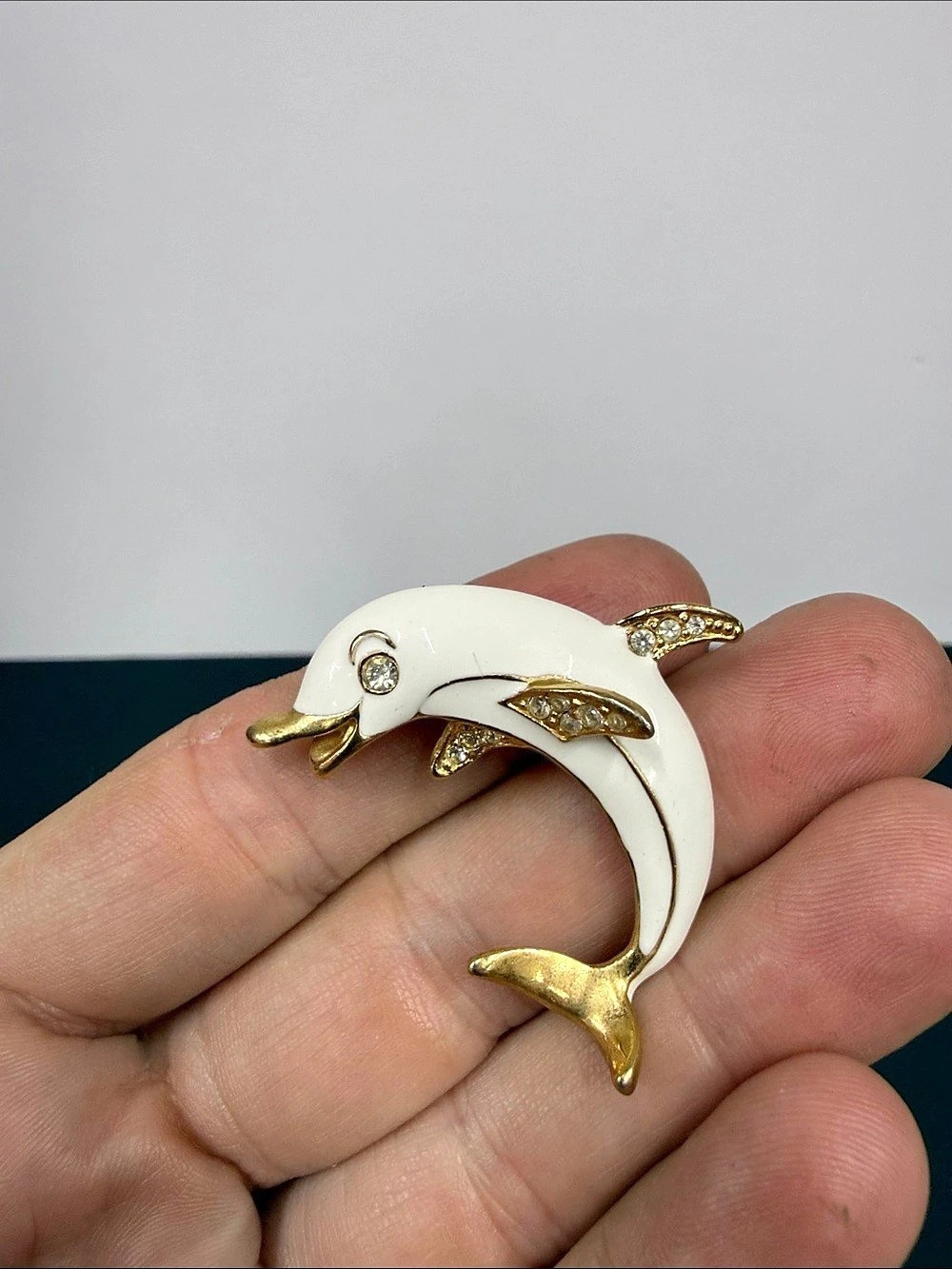 Vintage White Enamel Dolphin Brooch Gold Tone Rhinestone Figural Pin